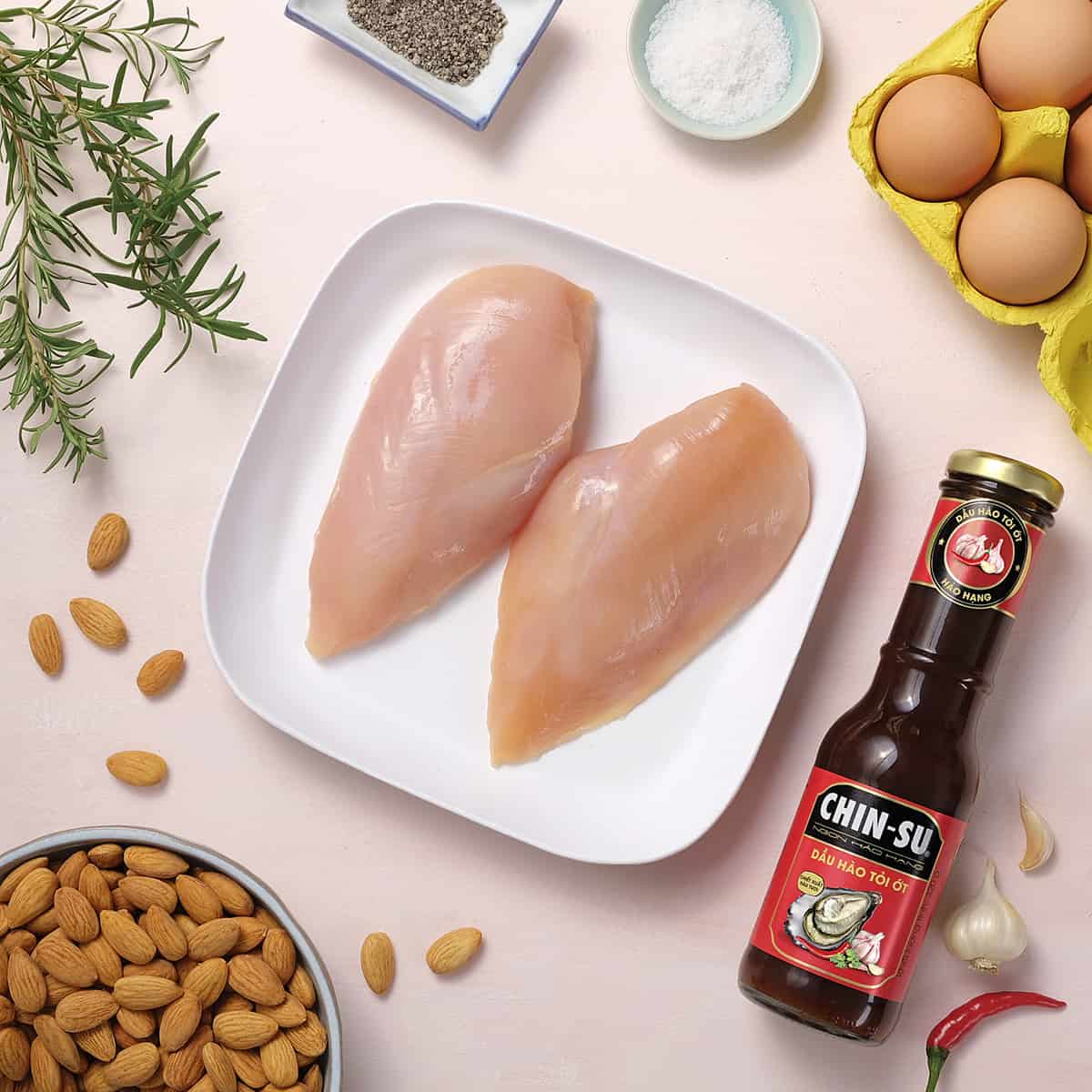 Công thức “Ức gà ướp dầu hào tỏi ớt nướng hạnh nhân” - Gia vị CHIN-SU
