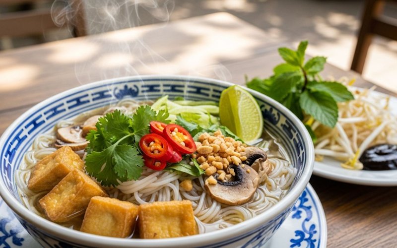 Bún nước lèo chay cuốn hút với vị ngọt thanh tự nhiên từ rau củ, thơm lừng mắm đậu và ngải bún. cách nấu bún nước lèo chay
